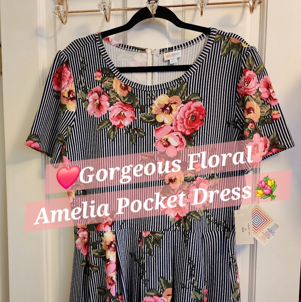 Lularoe Amelia Dress Floral Striped Unicorn 3x 3xl 2X Roses Nwt New Pockets Plus